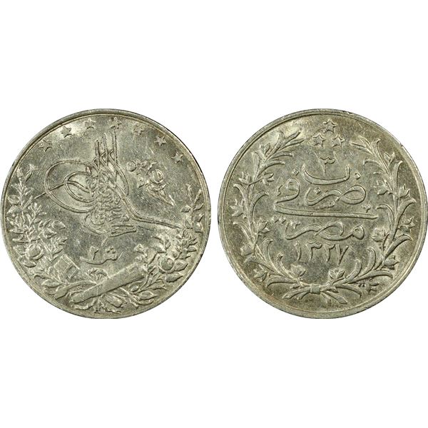 EGYPT (OTTOMAN): Mehmet V, 1909-1914, AR 2 qirsh, Misr, AH1327 year 3, PCGS graded AU55