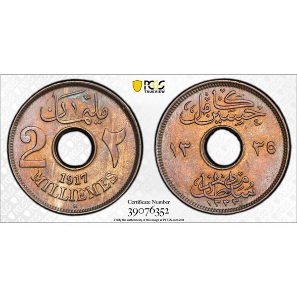 EGYPT: Hussein Kamel, 1914-1917, CN 2 milliemes, 1917-H/AH1335, PCGS graded MS65