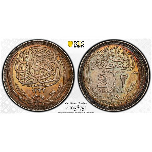 EGYPT: Hussein Kamel, 1914-1917, AR 2 piastres, 1917/AH1335, PCGS graded MS64