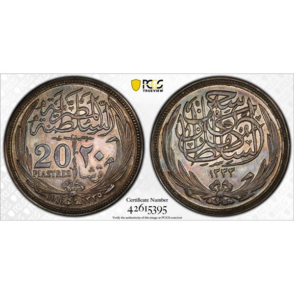 EGYPT: Hussein Kamel, 1914-1917, AR 20 piastres, 1916/AH1335, PCGS graded Unc details