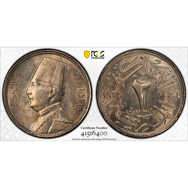EGYPT: Fuad I, 1922-1936, 2 milliemes, 1929/AH1348, PCGS graded MS64