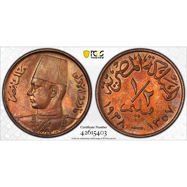 EGYPT: Farouk, 1936-1953, AE ½ millieme, 1938/AH1357, PCGS graded Unc details