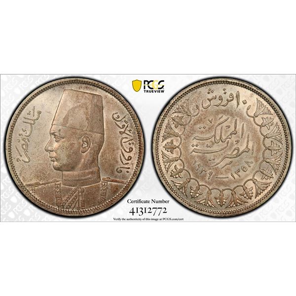 EGYPT: Farouk, 1936-1952, AR 10 piastres, 1939/AH1358, PCGS graded MS62