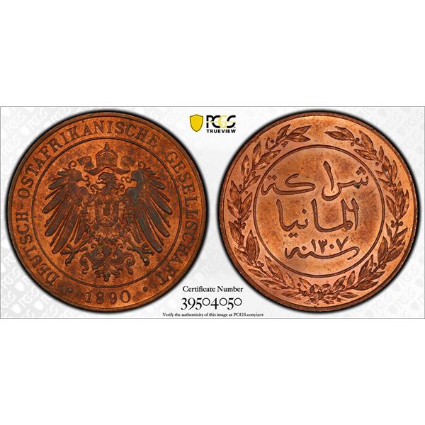 GERMAN EAST AFRICA: Wilhelm II, 1891-1918, AE pesa, 1892/AH1309, PCGS graded MS63 RB