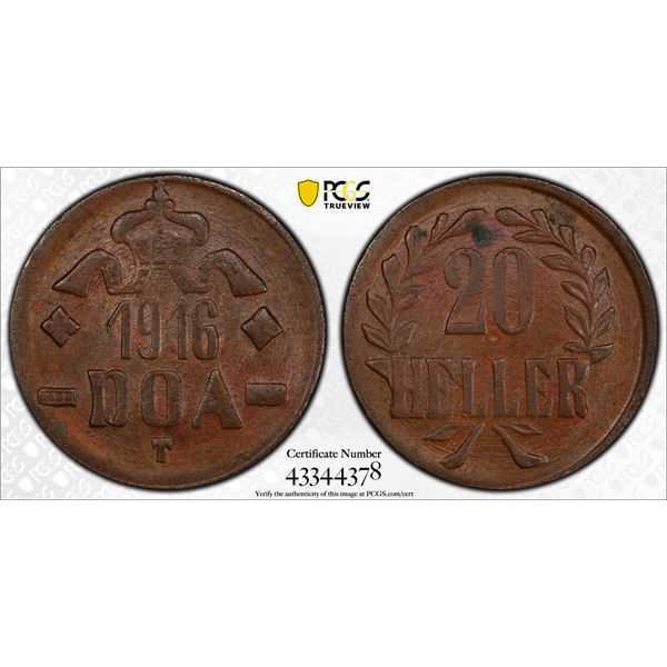 GERMAN EAST AFRICA: Wilhelm II, 1891-1918, AE 20 heller, 1916-T, PCGS graded MS63 BN