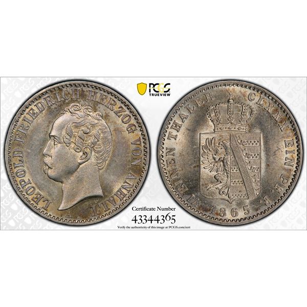 ANHALT-DESSAU: Leopold IV Frederick, 1817-1871, AR 1/6 thaler, 1865-A, PCGS graded MS62
