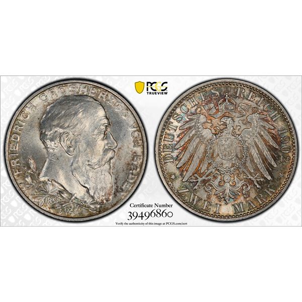 BADEN: Friedrich I, 1856-1907, AR 2 mark, 1902, PCGS graded MS63