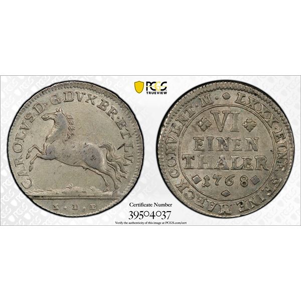 BRUNSWICK-WOLFENBÜTTEL: Karl I, 1735-1780, AR 1/6 thaler, 1768, PCGS graded AU58