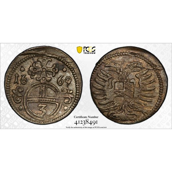 SILESIA: Leopold I, 1657-1705), AR 3 pfennig, Oppeln, 1669, PCGS graded AU55