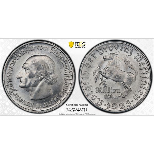 WESTPHALIA: 250,000 mark, 1923, PCGS graded MS64