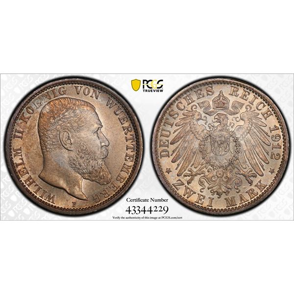 WÜRTTEMBERG: Wilhelm II, 1891-1918, AR 2 mark, 1912-F, PCGS graded MS62