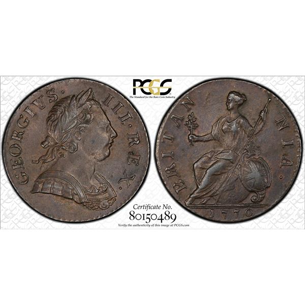 GREAT BRITAIN: George III, 1760-1820, AE ½ penny, 1770, PCGS graded AU55