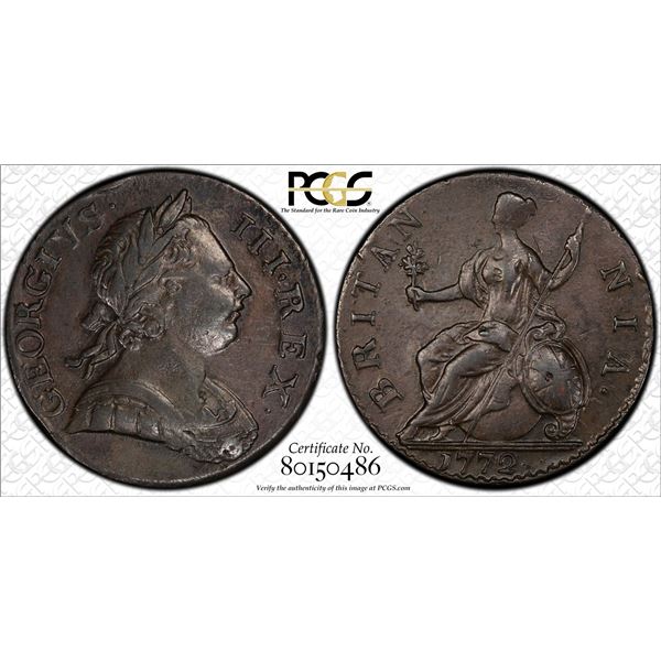 GREAT BRITAIN: George III, 1760-1820, AE ½ penny, 1772, PCGS graded EF40
