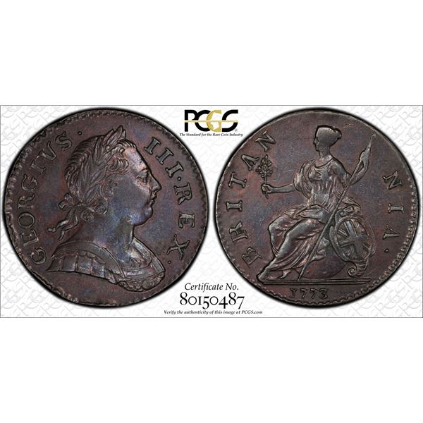 GREAT BRITAIN: George III, 1760-1820, AE ½ penny, 1773, PCGS graded AU55