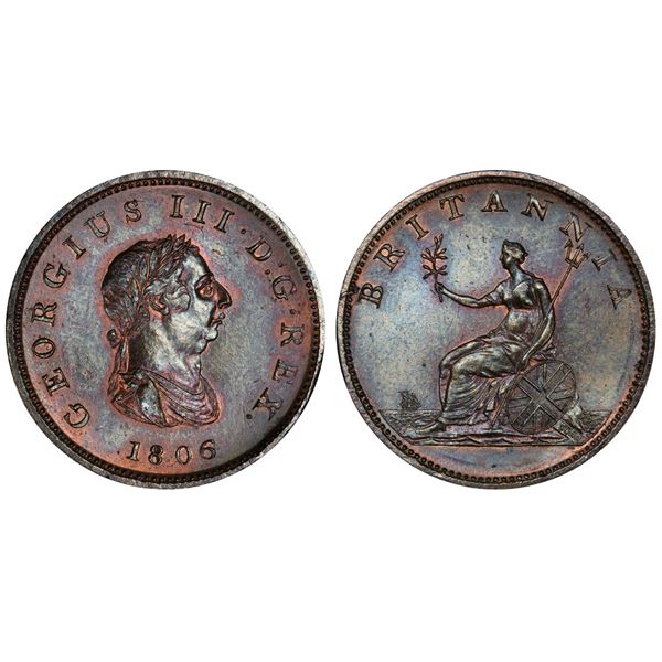 GREAT BRITAIN: George III, 1760-1820, AE ½ penny, 1806, PCGS graded MS62 BN