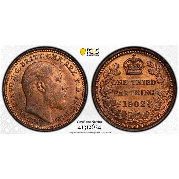 GREAT BRITAIN: Edward VII, 1901-1910, AE 1/3 farthing, 1902, PCGS graded MS64 RB