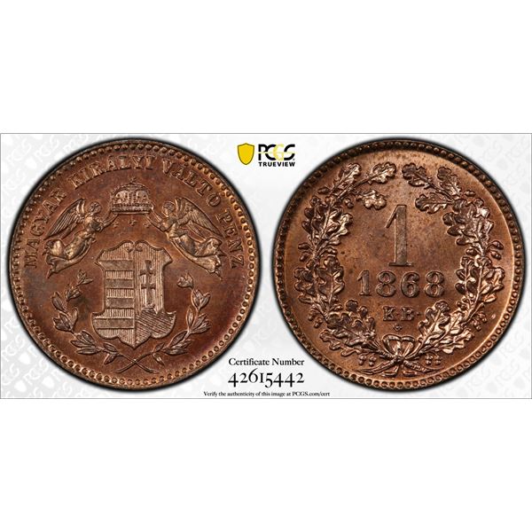 HUNGARY: Franz Joseph I, 1848-1916, AE krajczár, 1868-KB, PCGS graded Proof 65 RD