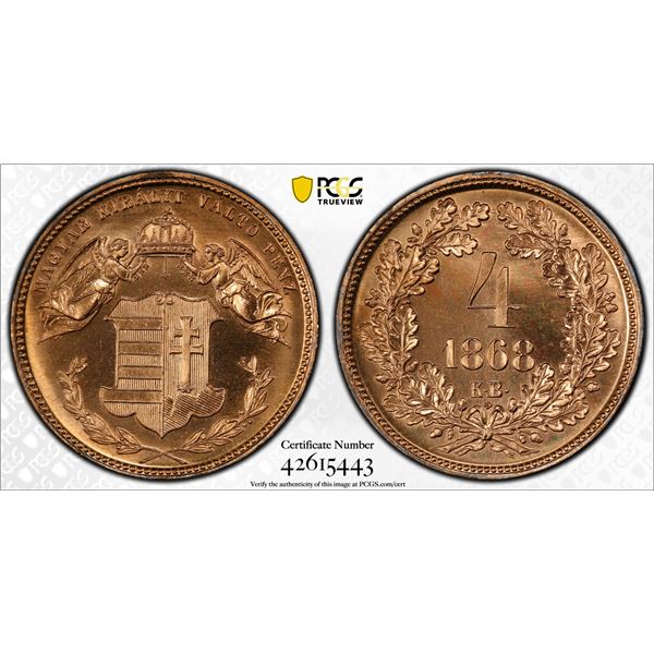 HUNGARY: Franz Joseph I, 1848-1916, AE 4 krajczár, 1868-KB, PCGS graded Proof 66 RD