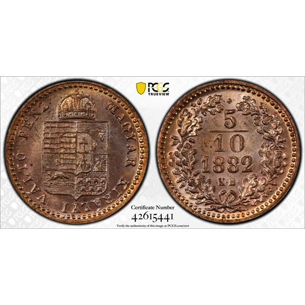 HUNGARY: Franz Joseph I, 1848-1916, AE 5/10 krajczár, 1882-KB, PCGS graded Proof 65 RD