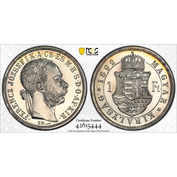 HUNGARY: Franz Joseph I, 1848-1916, AR forint, 1892-KB, PCGS graded Proof 67