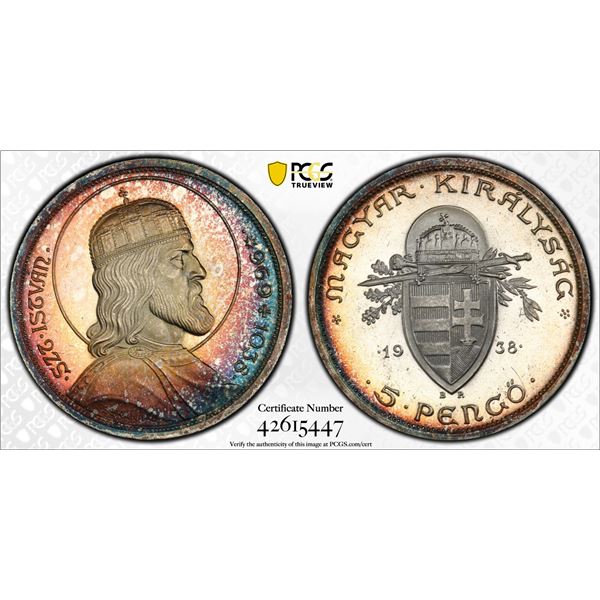 HUNGARY: Miklós Horthy, regent, 1920-1944, AR 5 pengo, 1938, PCGS graded MS63