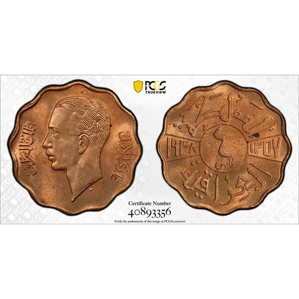 IRAQ: Ghazi I, 1933-1939, AE 4 fils, 1938/AH1357, PCGS graded MS64 RD