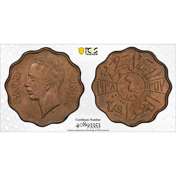 IRAQ: Ghazi I, 1933-1939, AE 4 fils, 1938/AH1357, PCGS graded MS64 BN