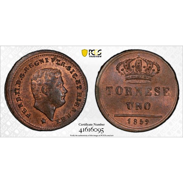 ITALIAN STATES: NAPLES & SICILY: Ferdinando II, 1830-1859, AE tornese, 1859, PCGS graded MS65 RB
