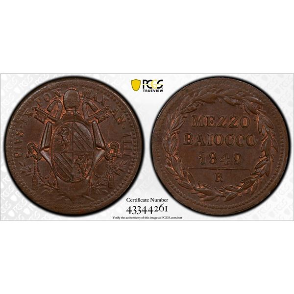 ITALIAN STATES: PAPAL STATES: Pius IX, 1846-1878, AE ½ baiocco, Rome, 1849 year IIII, PCGS graded MS