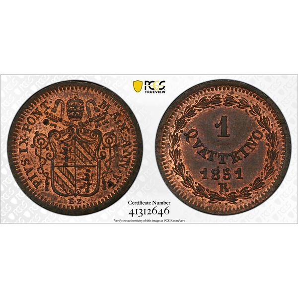 ITALIAN STATES: PAPAL STATES: Pius IX, 1846-1866, AE quattrino, 1851-R year VI, PCGS graded MS63 RB