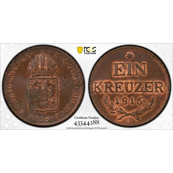 AUSTRIA: Franz I, 1804-1835, AE kreuzer, 1816-A, KM-2113, PCGS graded MS64 BN