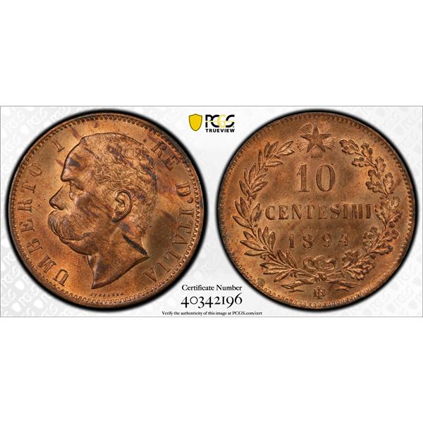 ITALY: Umberto I, 1878-1900, AE 10 centesimi, 1894-BI, PCGS graded MS64 RB