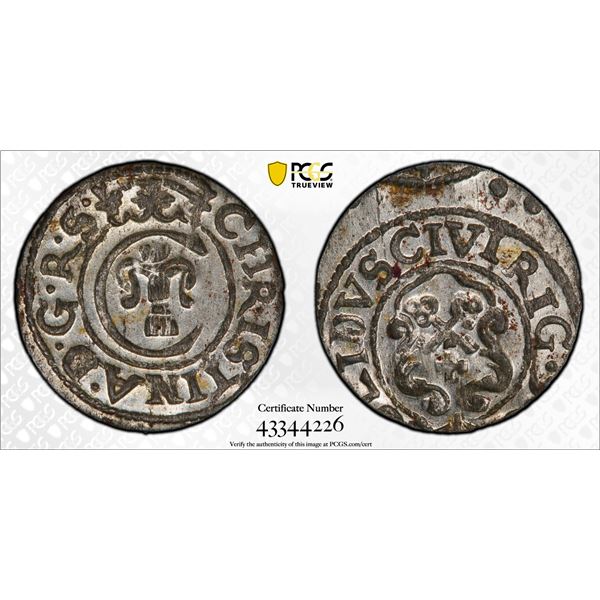 LIVONIA: Kristina, of Sweden, 1632-1654, AR solidus, Riga, DM, PCGS graded MS64