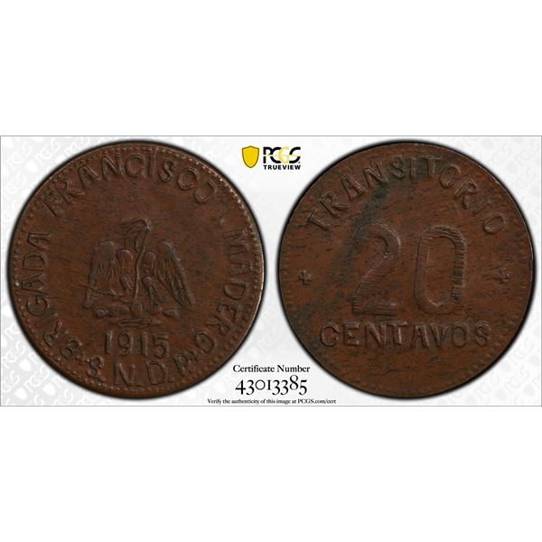 MEXICO: Revolutionary Issue, AE 20 centavos, Chiconcuatla, Puebla, 1916, PCGS graded AU55