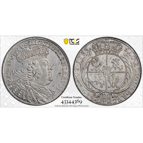 POLAND: August III, 1733-1763, AR ort (18 groszy), Leipzig, 1755, PCGS graded MS62