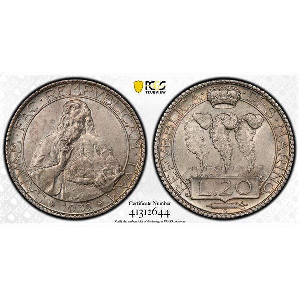 SAN MARINO: Republic, AR 20 lire, 1932-R, PCGS graded Unc details