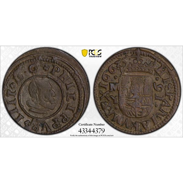 SPAIN: Felipe IV, 1621-1665, AE 16 maravedis, Madrid, 1663, PCGS graded AU55