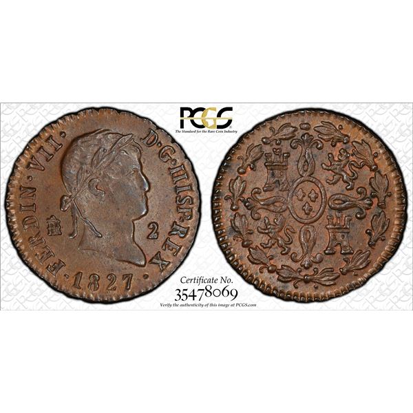 SPAIN: Fernando VII, 2nd reign, 1813-1833, AE 2 maravedis, Segovia, 1827, PCGS graded MS64 BN