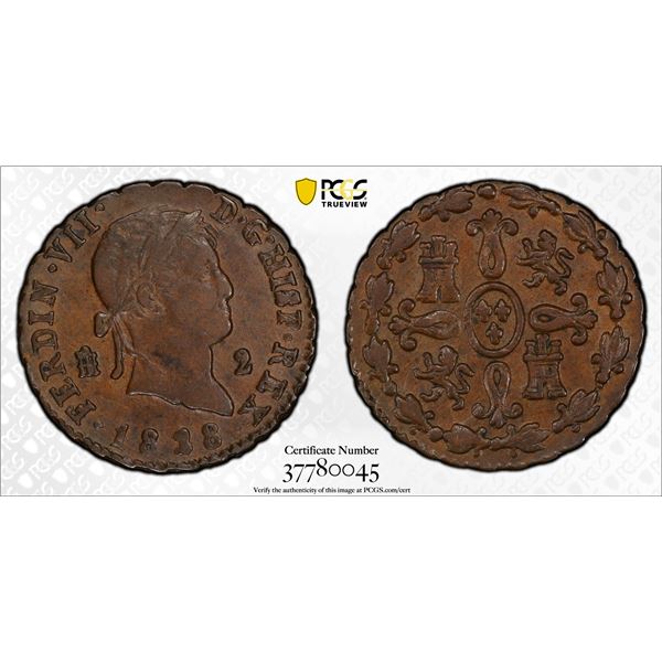 SPAIN: Fernando VII, 2nd reign, 1813-1833, AE 2 maravedis, Segovia, 1828, PCGS graded AU55