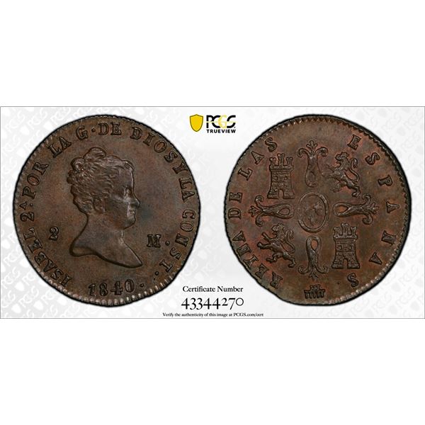 SPAIN: Isabel II, 1833-1868, AE 2 maravedis, Segovia, 1840, PCGS graded MS64 BN