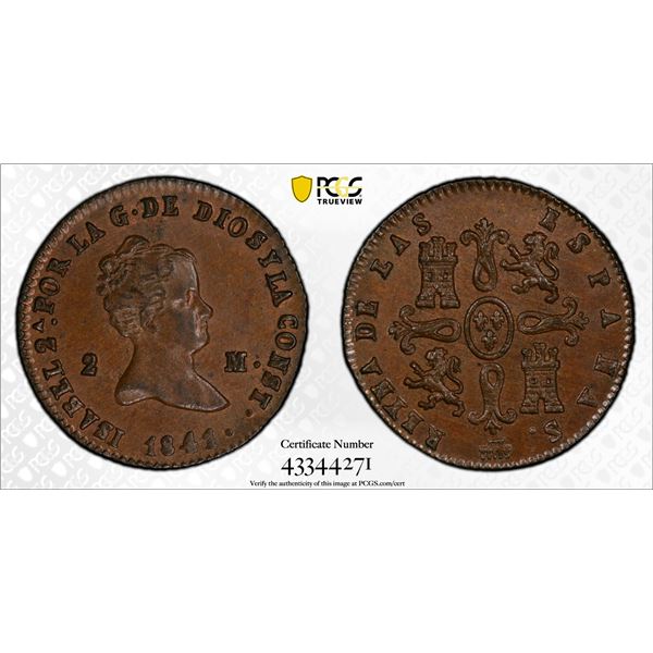 SPAIN: Isabel II, 1833-1868, AE 2 maravedis, Segovia, 1841, PCGS graded MS65 BN