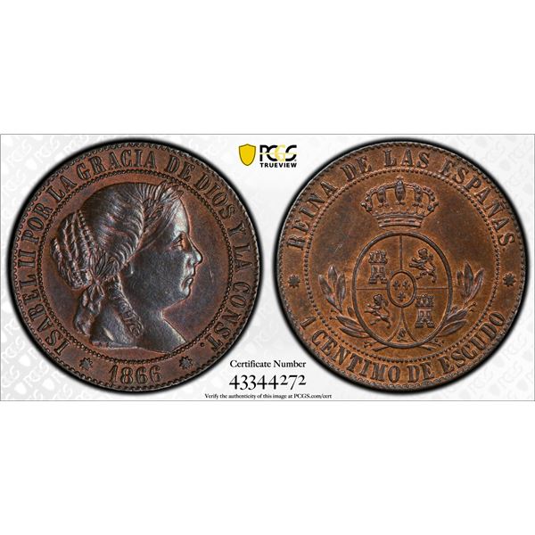 SPAIN: Isabel II, 1833-1868, AE centimo de escudo, Barcelona, 1866, PCGS graded MS64 BN