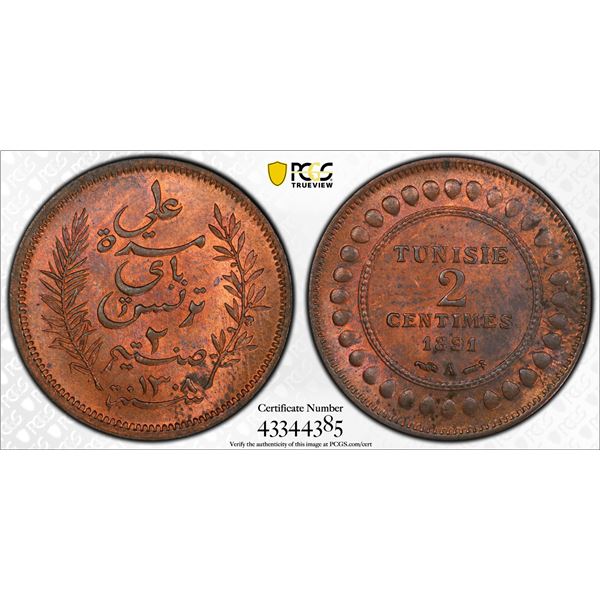 TUNISIA: Ali III Bey, 1882-1902, AE 2 centimes, 1891/AH1308, PCGS graded MS64 RB