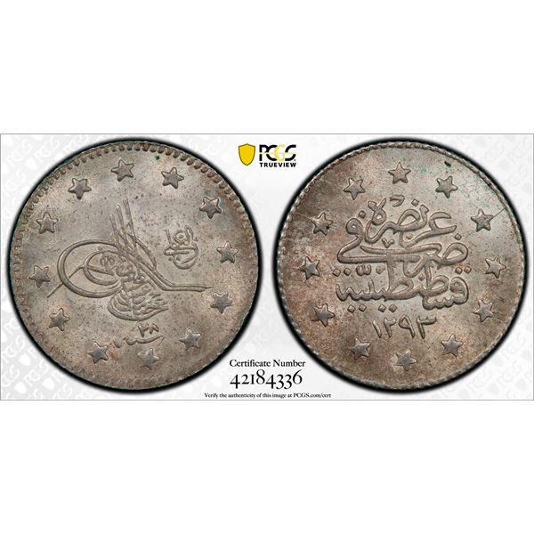 TURKEY (OTTOMAN): Abdul Hamid II, 1876-1909, AR kurush, Kostantiniye, AH1293 year 28, PCGS graded MS