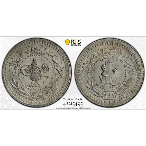 TURKEY (OTTOMAN): Mehmet V, 1909-1918, 40 para, Kostantiniye, AH1327 year 8, PCGS graded MS65