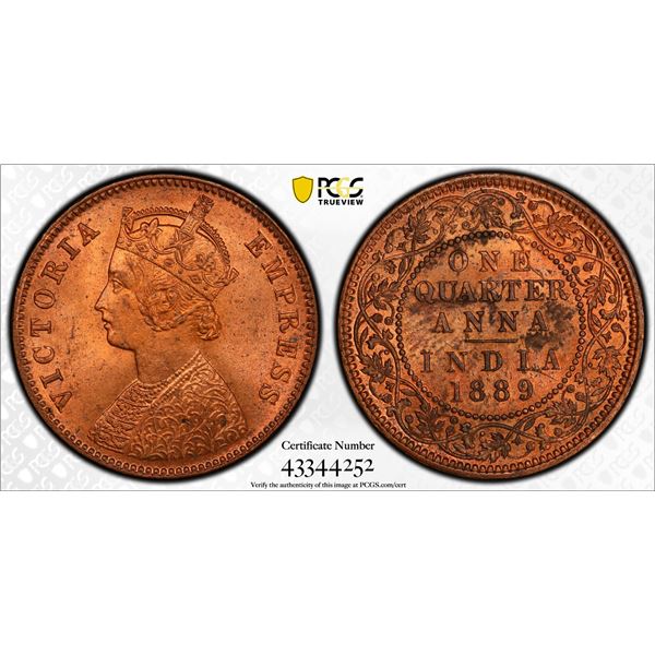 BRITISH INDIA: Victoria, Empress, 1876-1901, AE ¼ anna, 1889(c), PCGS graded MS64 RD