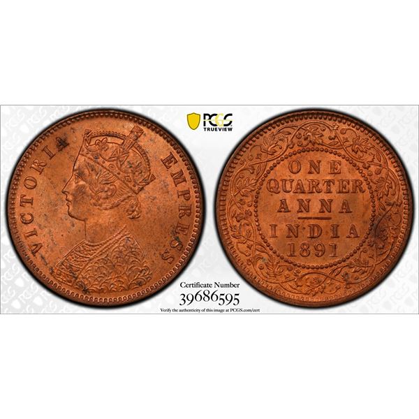 BRITISH INDIA: Victoria, Empress, 1876-1901, AE ¼ anna, 1891(c), PCGS graded MS64 RD