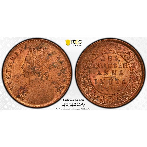 BRITISH INDIA: Victoria, Empress, 1876-1901, AE ¼ anna, 1901(c), PCGS graded MS64 RB