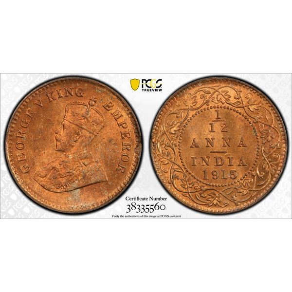 BRITISH INDIA: George V, 1910-1936, AE 1/12 anna, 1915(c), PCGS graded MS65 RD