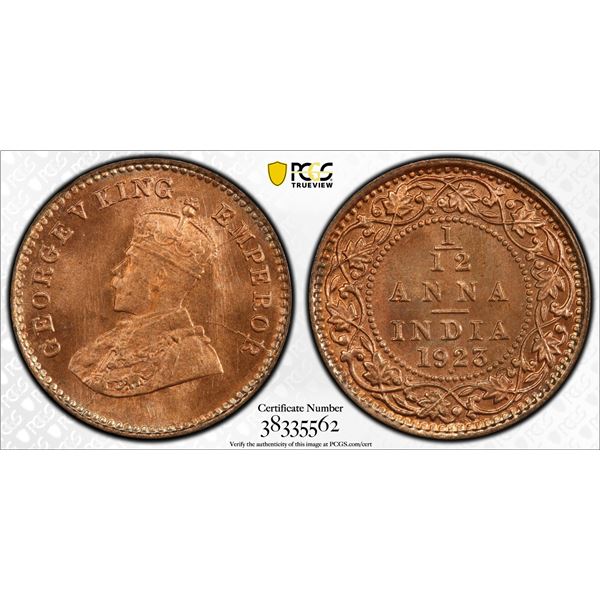 BRITISH INDIA: George V, 1910-1936, AE 1/12 anna, 1923(b), PCGS graded MS66 RD